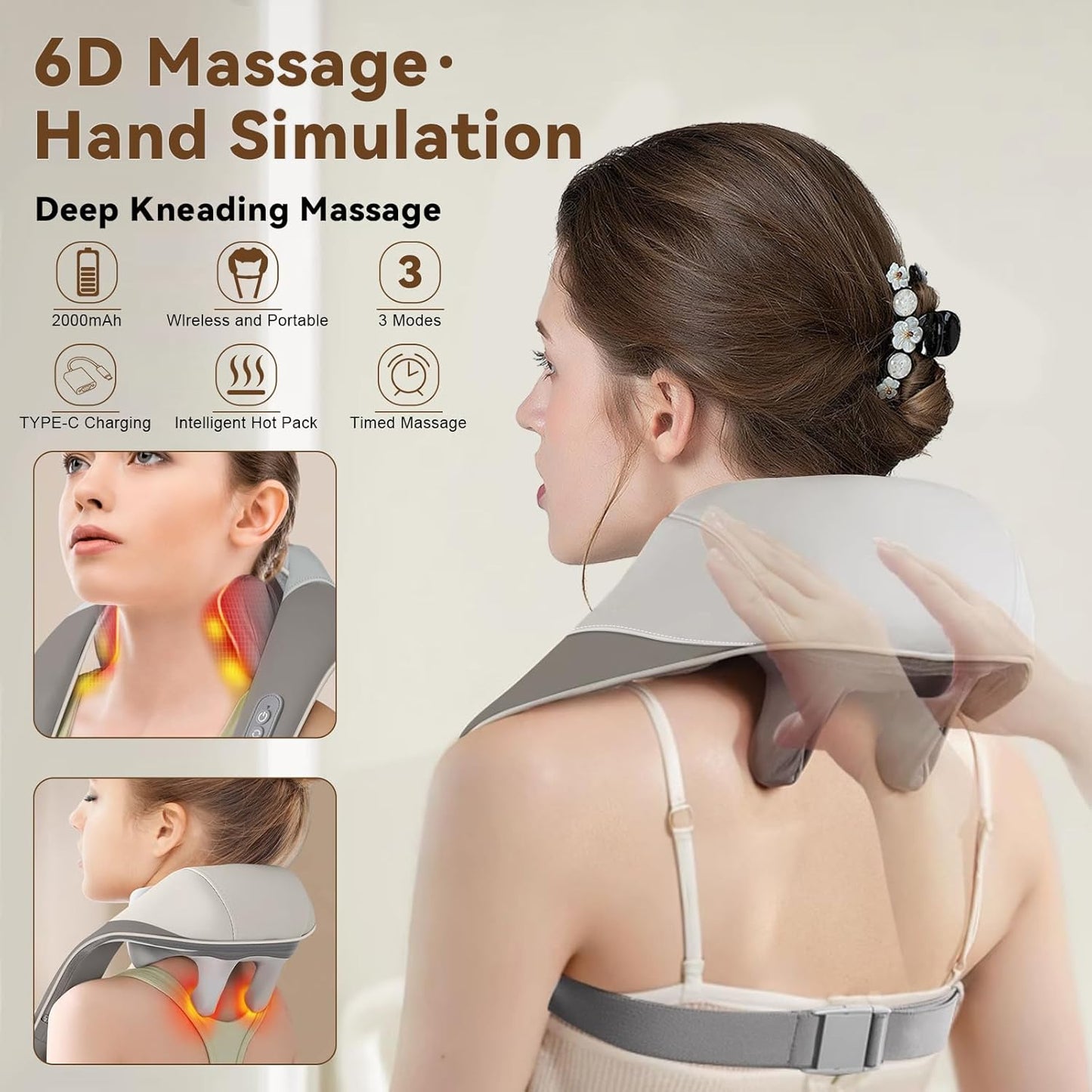 Shiatsu Neck Massager with Heat – 6D 6-Node Deep Kneading Cordless Massage Pillow for Neck, Back, Shoulders, Legs & Feet Relaxation – Perfect Mother’S Day Gift